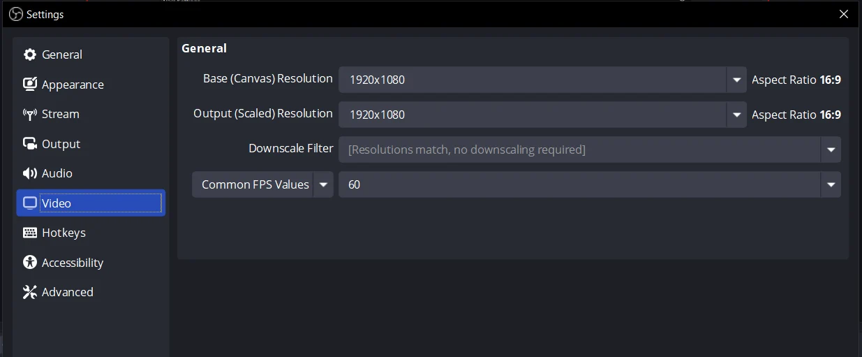 Configurações de vídeo do OBS Studio