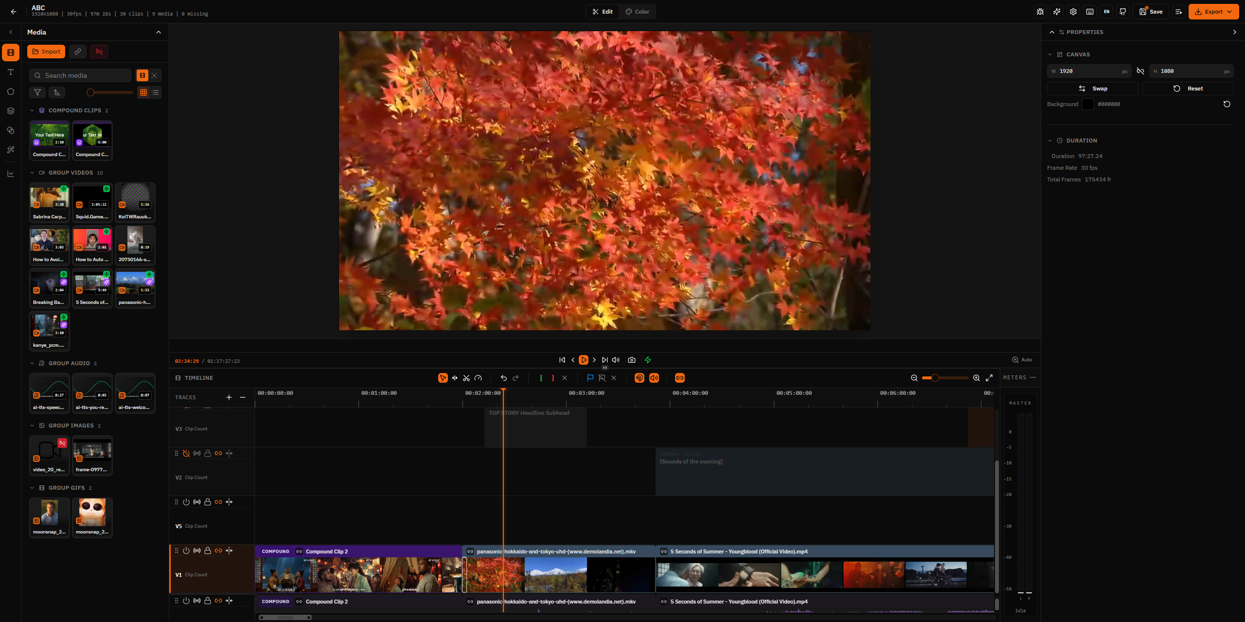 Editor de vídeo com preview, biblioteca de mídia e timeline
